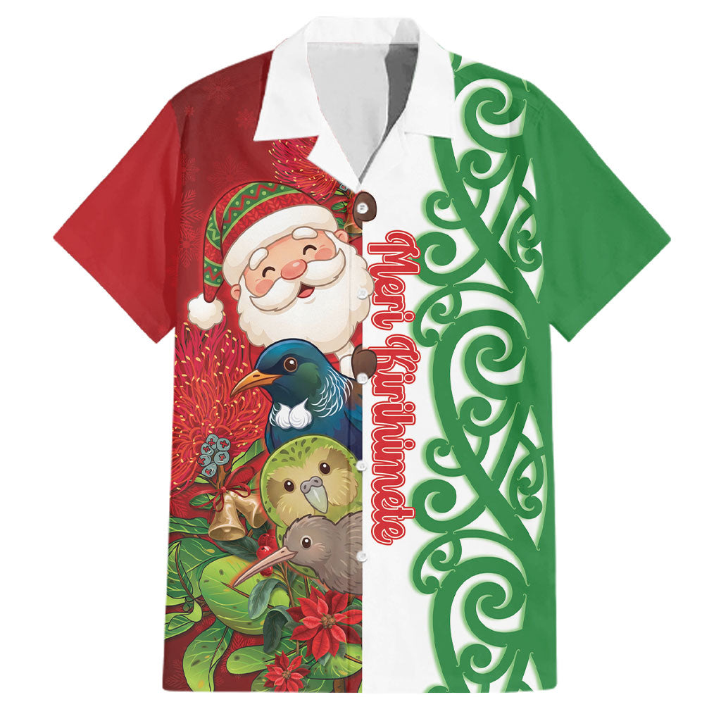 Meri Kirihimete New Zealand Personalised Family Matching Tank Maxi Dress and Hawaiian Shirt Cute Santa NZ Animals and Pohutukawa LT14 Dad's Shirt - Short Sleeve Red - Polynesian Pride