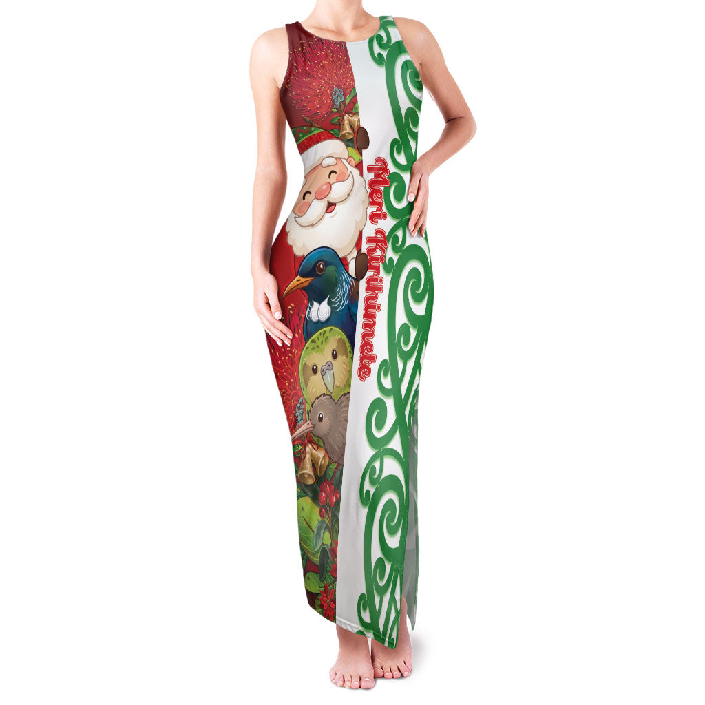 Meri Kirihimete New Zealand Personalised Family Matching Tank Maxi Dress and Hawaiian Shirt Cute Santa NZ Animals and Pohutukawa LT14 Mom's Dress Red - Polynesian Pride