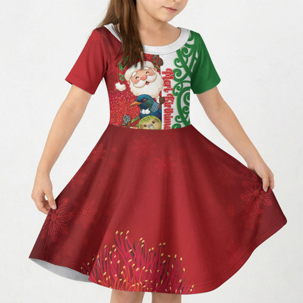 Meri Kirihimete New Zealand Personalised Kid Short Sleeve Dress Cute Santa NZ Animals and Pohutukawa LT14 KID Red - Polynesian Pride