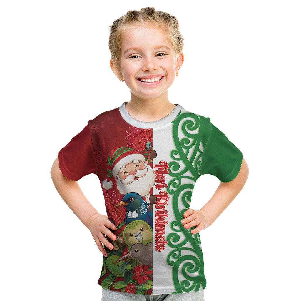 Meri Kirihimete New Zealand Personalised Kid T Shirt Cute Santa NZ Animals and Pohutukawa LT14 Red - Polynesian Pride