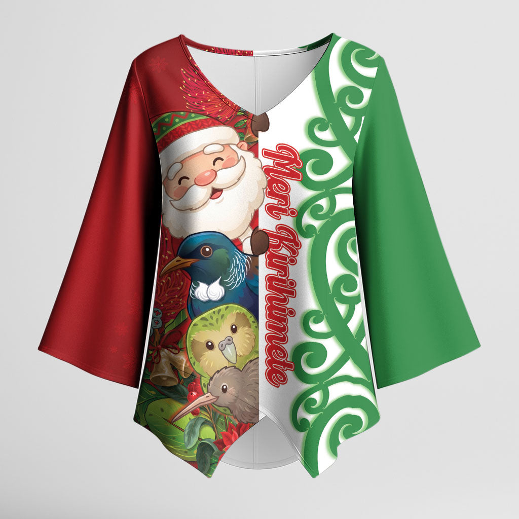 Meri Kirihimete New Zealand Personalised Kimono Sleeve Blouse Cute Santa NZ Animals and Pohutukawa LT14 Female Red - Polynesian Pride