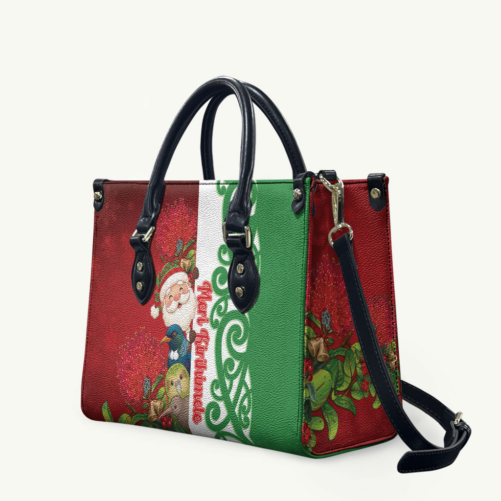 Meri Kirihimete New Zealand Leather Bag Cute Santa NZ Animals and Pohutukawa LT14 Red - Polynesian Pride