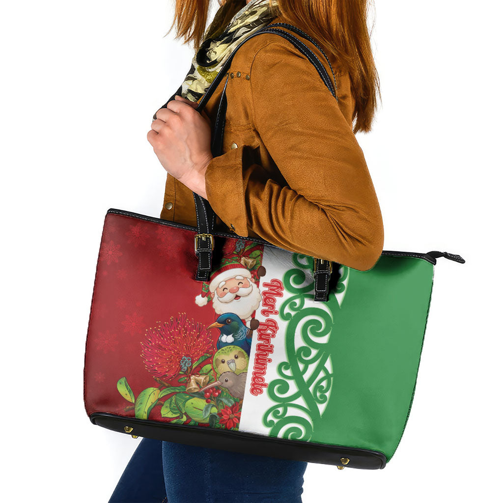 Meri Kirihimete New Zealand Leather Tote Bag Cute Santa NZ Animals and Pohutukawa LT14 Red - Polynesian Pride