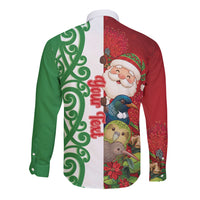 Meri Kirihimete New Zealand Personalised Long Sleeve Button Shirt Cute Santa NZ Animals and Pohutukawa LT14 - Polynesian Pride