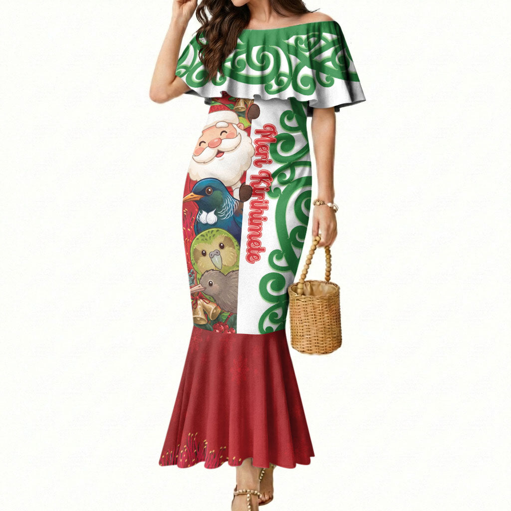 Meri Kirihimete New Zealand Personalised Mermaid Dress Cute Santa NZ Animals and Pohutukawa LT14 Women Red - Polynesian Pride