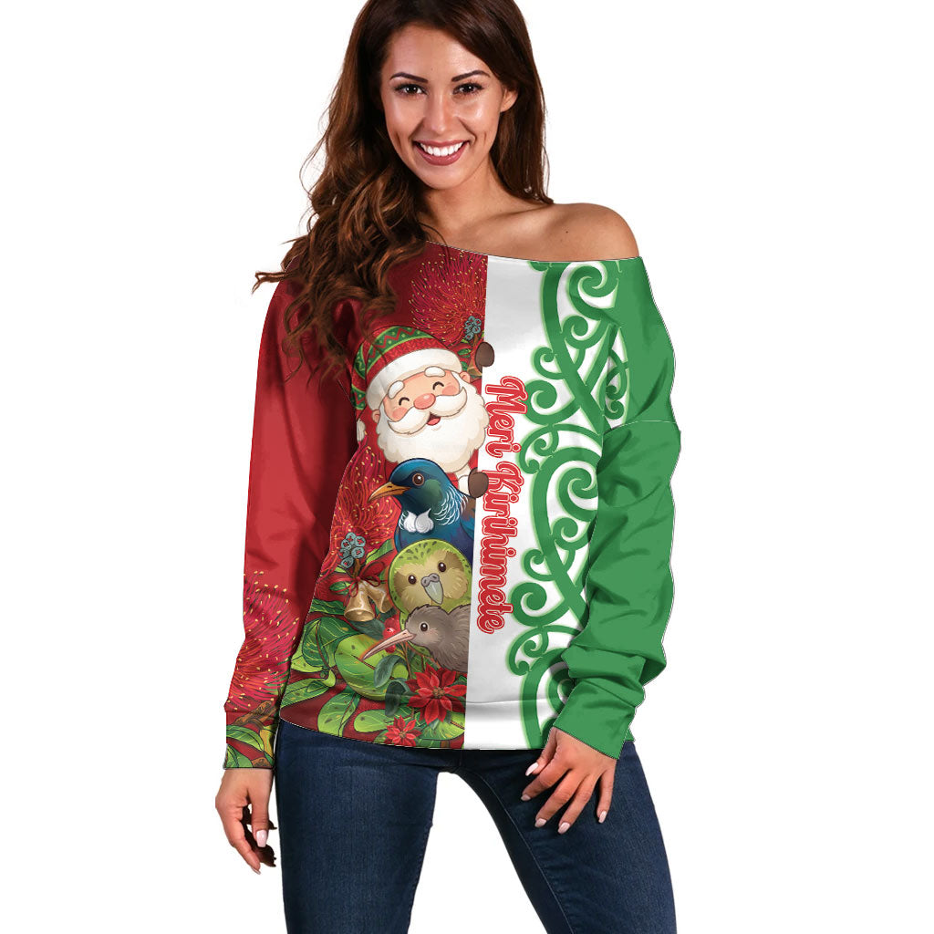 Meri Kirihimete New Zealand Personalised Off Shoulder Sweater Cute Santa NZ Animals and Pohutukawa LT14 Women Red - Polynesian Pride