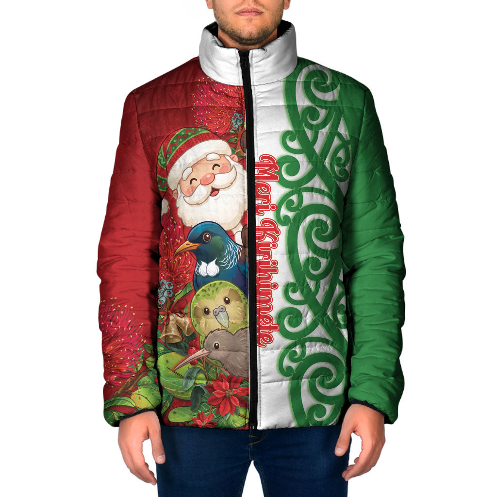 Meri Kirihimete New Zealand Personalised Padded Jacket Cute Santa NZ Animals and Pohutukawa LT14 Men Red - Polynesian Pride