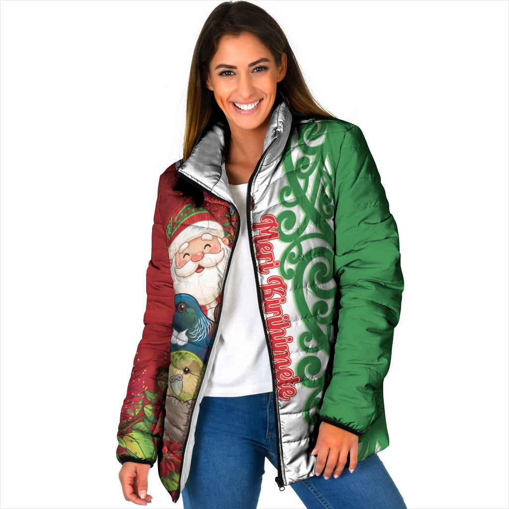 Meri Kirihimete New Zealand Personalised Padded Jacket Cute Santa NZ Animals and Pohutukawa LT14 Women Red - Polynesian Pride