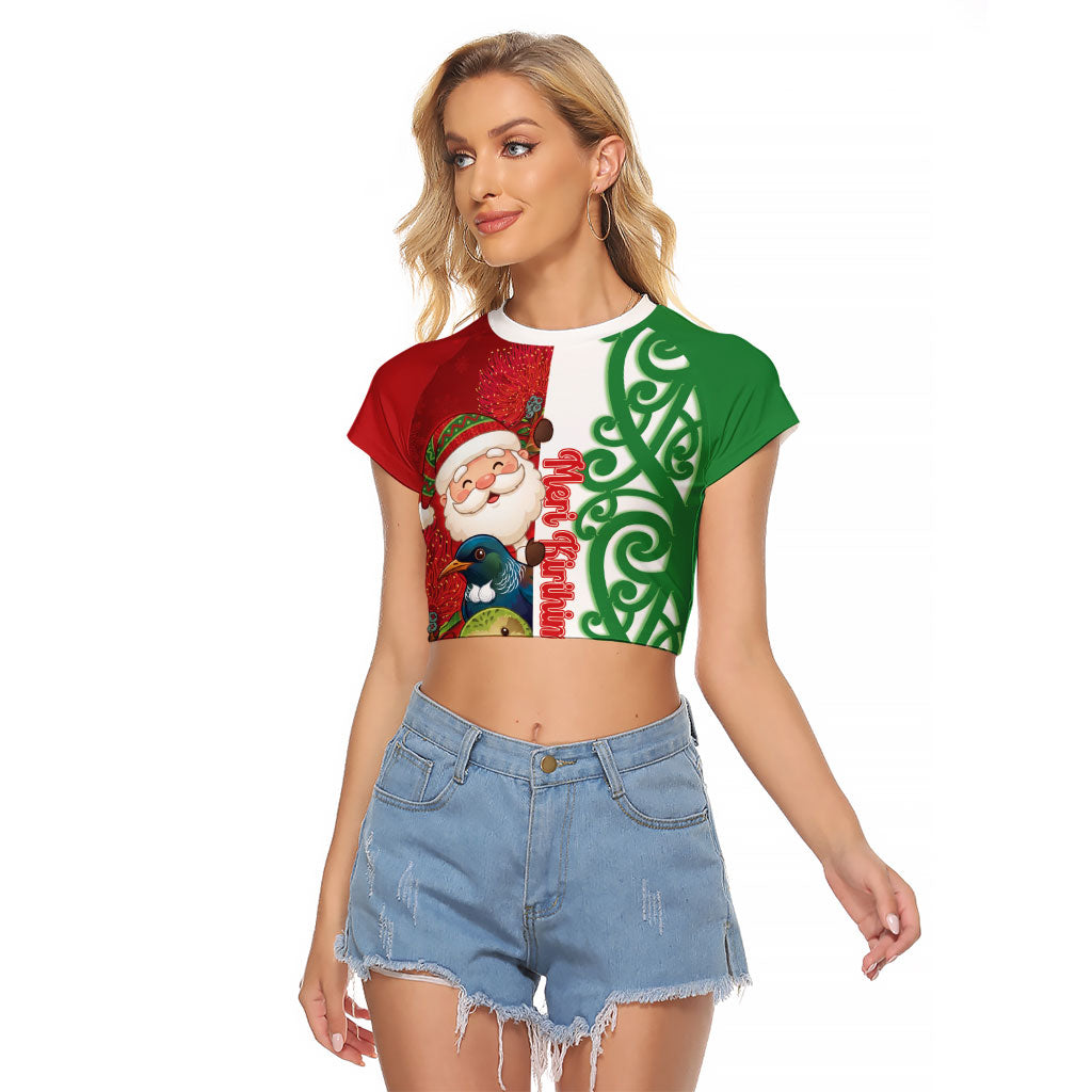 Meri Kirihimete New Zealand Personalised Raglan Cropped T Shirt Cute Santa NZ Animals and Pohutukawa LT14 Female Red - Polynesian Pride