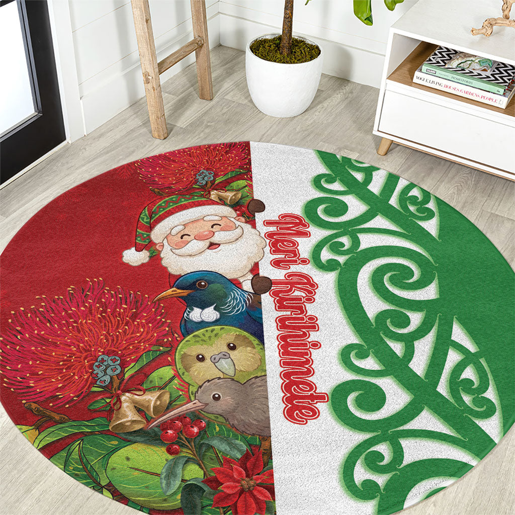 Meri Kirihimete New Zealand Round Carpet Cute Santa NZ Animals and Pohutukawa LT14 Red - Polynesian Pride