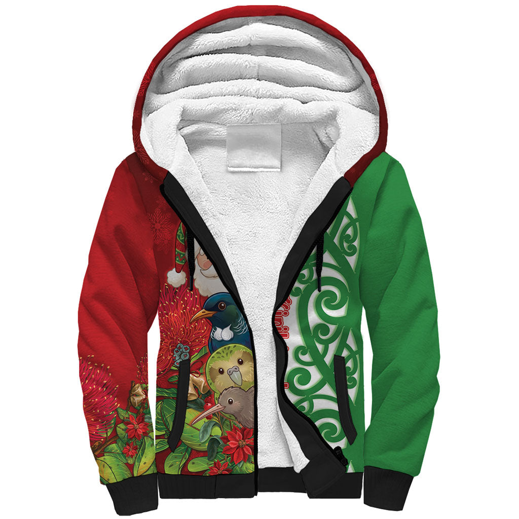 Meri Kirihimete New Zealand Personalised Sherpa Hoodie Cute Santa NZ Animals and Pohutukawa LT14 Unisex Red - Polynesian Pride