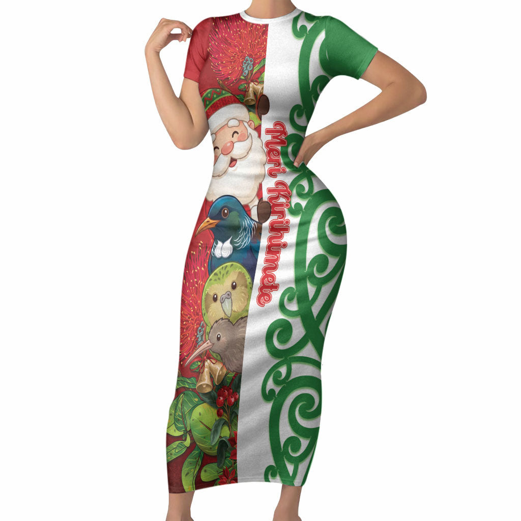 Meri Kirihimete New Zealand Personalised Short Sleeve Bodycon Dress Cute Santa NZ Animals and Pohutukawa LT14 Long Dress Red - Polynesian Pride