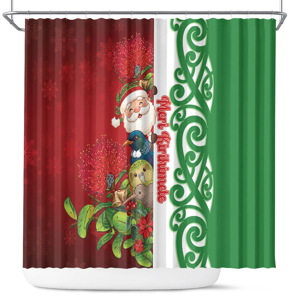 Meri Kirihimete New Zealand Shower Curtain Cute Santa NZ Animals and Pohutukawa LT14 Red - Polynesian Pride