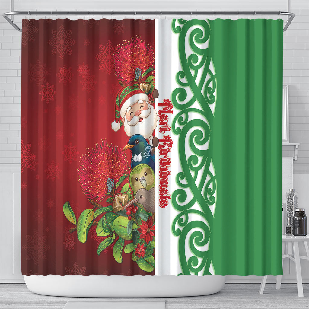Meri Kirihimete New Zealand Shower Curtain Cute Santa NZ Animals and Pohutukawa LT14 - Polynesian Pride