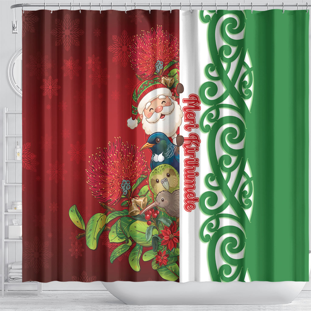 Meri Kirihimete New Zealand Shower Curtain Cute Santa NZ Animals and Pohutukawa LT14 - Polynesian Pride