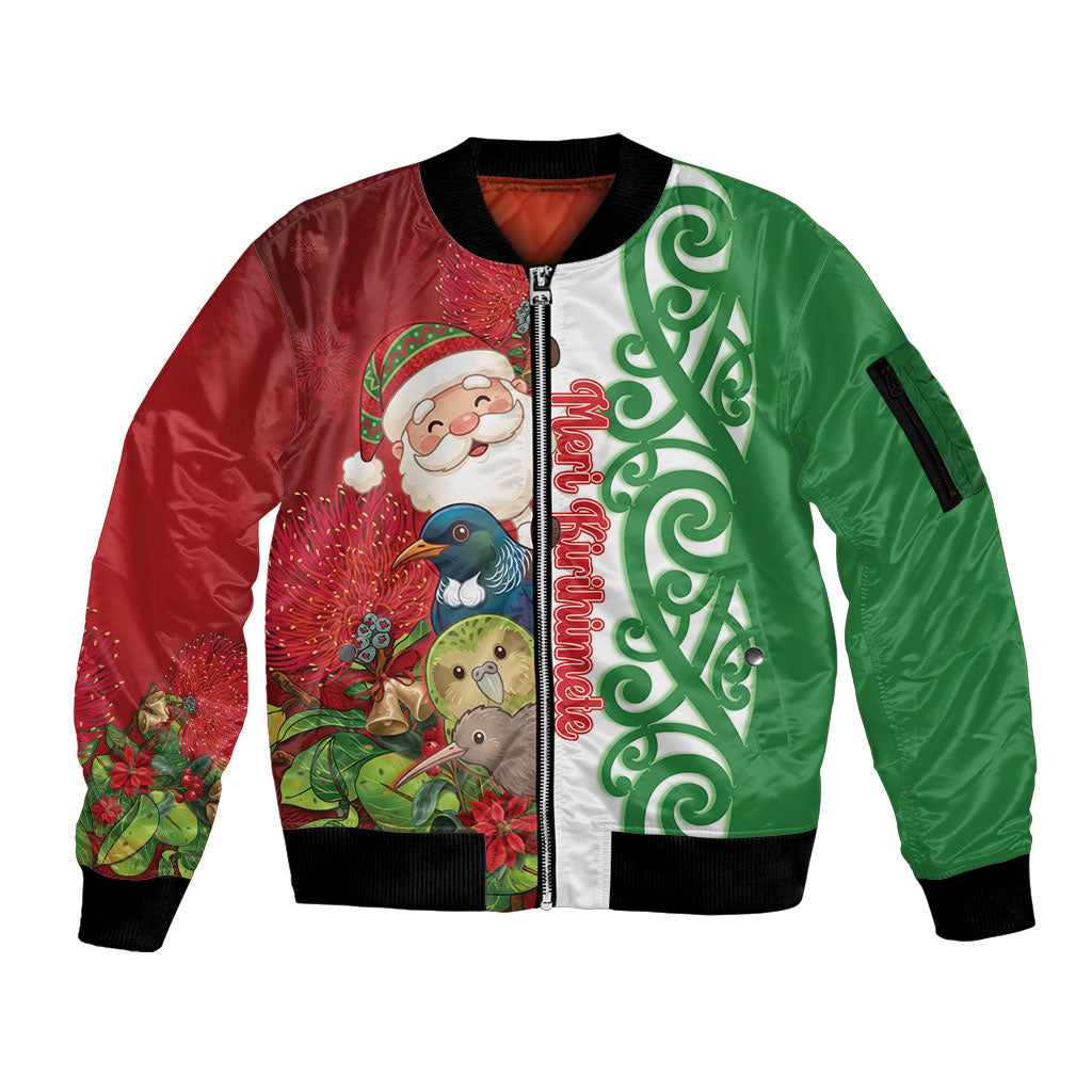 Meri Kirihimete New Zealand Personalised Sleeve Zip Bomber Jacket Cute Santa NZ Animals and Pohutukawa LT14 Unisex Red - Polynesian Pride