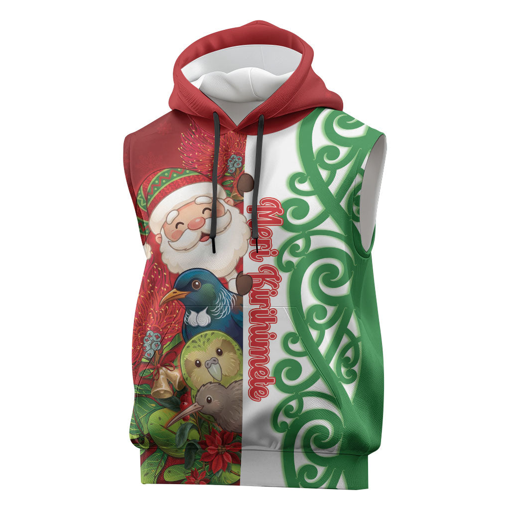 Meri Kirihimete New Zealand Personalised Sleeveless Hoodie Cute Santa NZ Animals and Pohutukawa LT14 Red - Polynesian Pride
