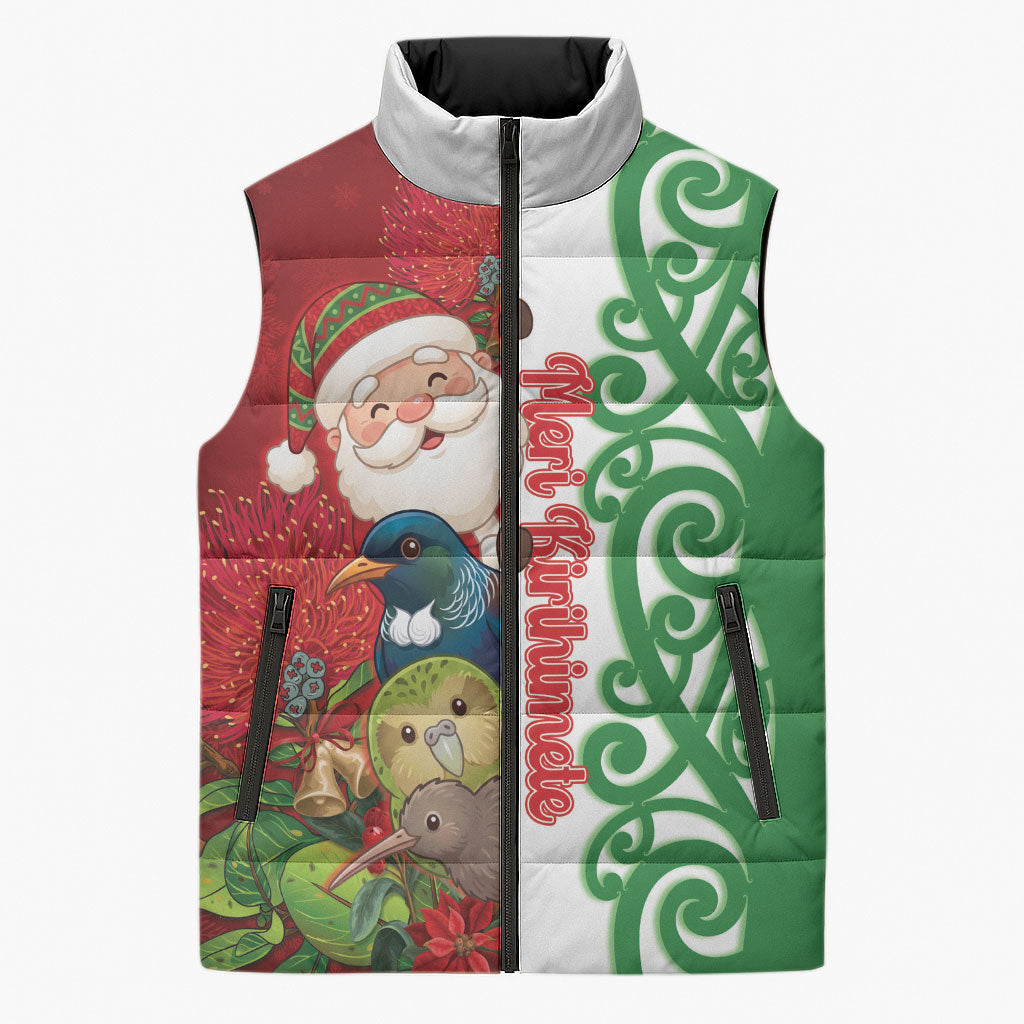 Meri Kirihimete New Zealand Personalised Sleeveless Puffer Jacket Cute Santa NZ Animals and Pohutukawa LT14 Unisex Red - Polynesian Pride