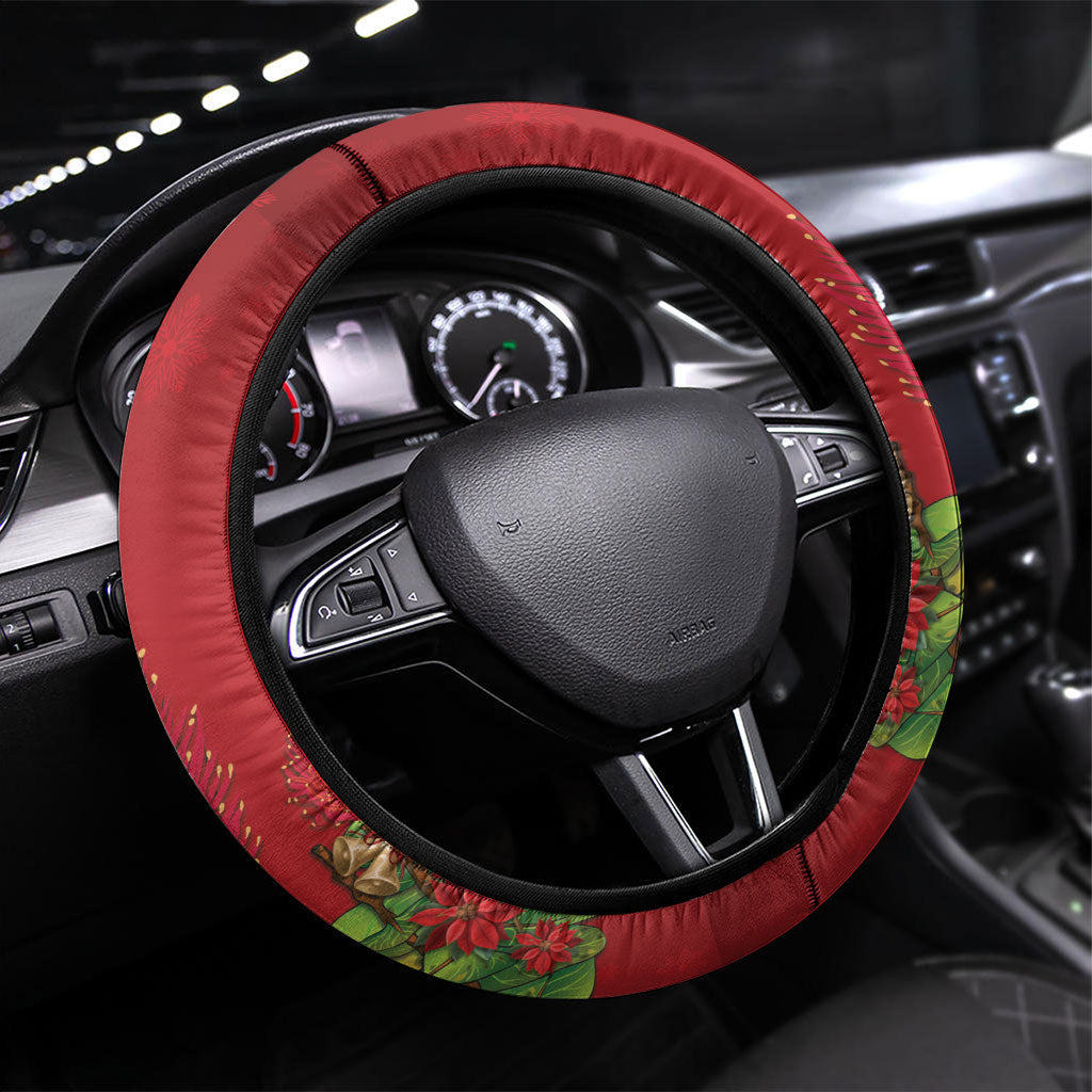 Meri Kirihimete New Zealand Steering Wheel Cover Cute Santa NZ Animals and Pohutukawa LT14 Universal Fit Red - Polynesian Pride