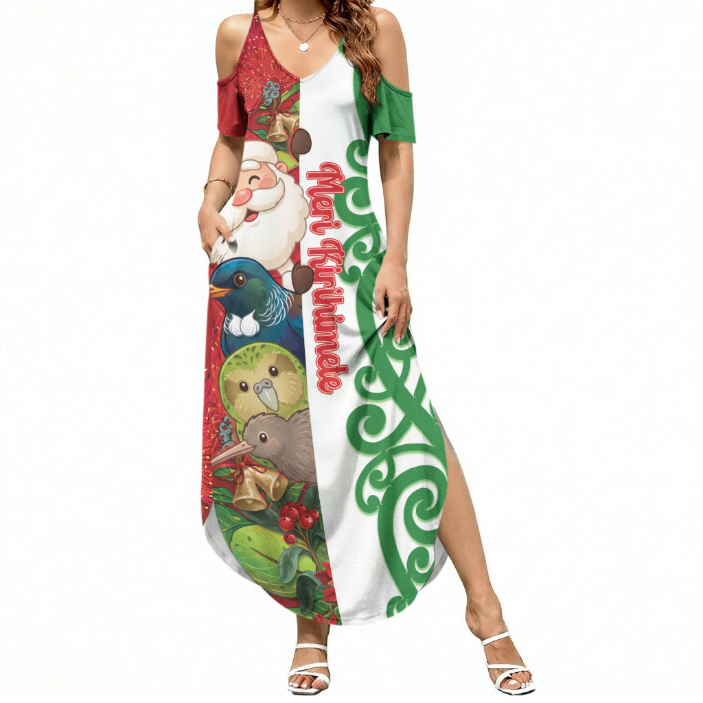 Meri Kirihimete New Zealand Personalised Summer Maxi Dress Cute Santa NZ Animals and Pohutukawa LT14 Women Red - Polynesian Pride