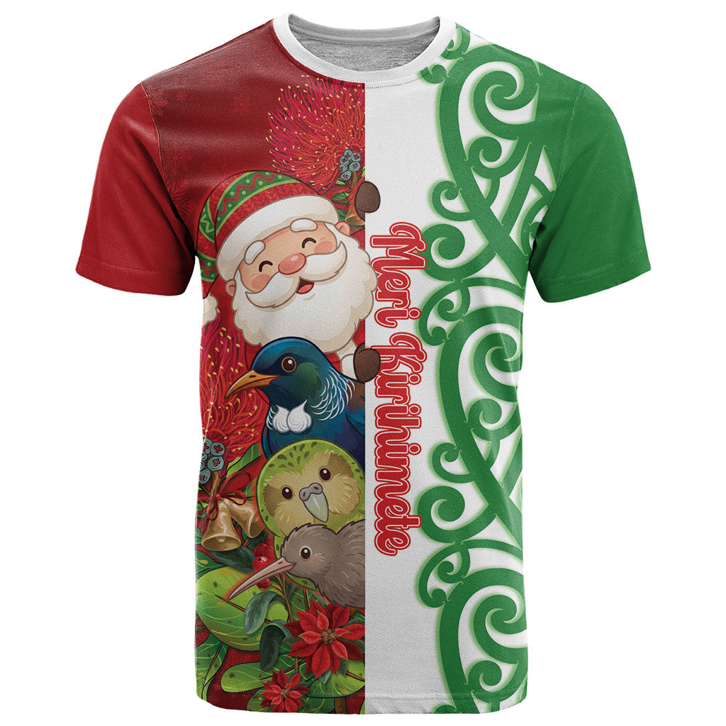 Meri Kirihimete New Zealand Personalised T Shirt Cute Santa NZ Animals and Pohutukawa LT14 Red - Polynesian Pride