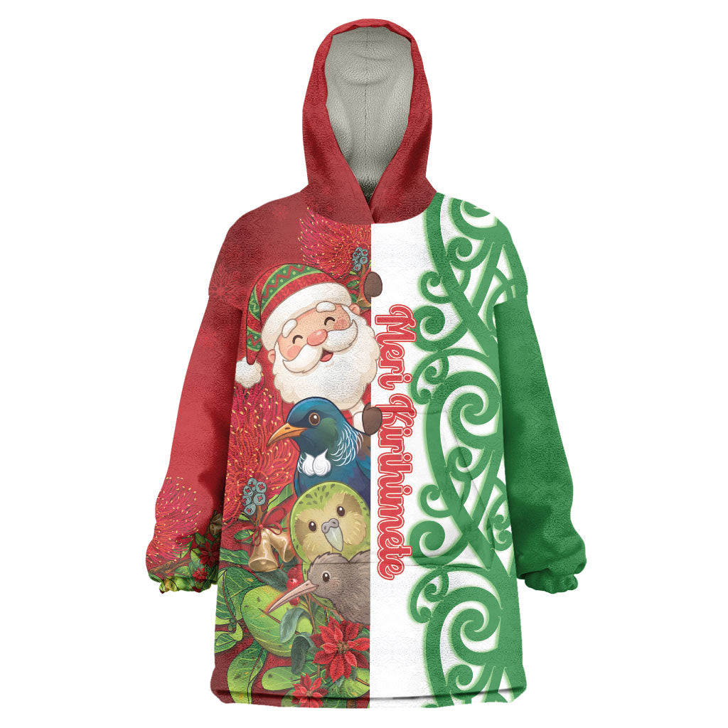 Meri Kirihimete New Zealand Personalised Wearable Blanket Hoodie Cute Santa NZ Animals and Pohutukawa LT14 One Size Red - Polynesian Pride
