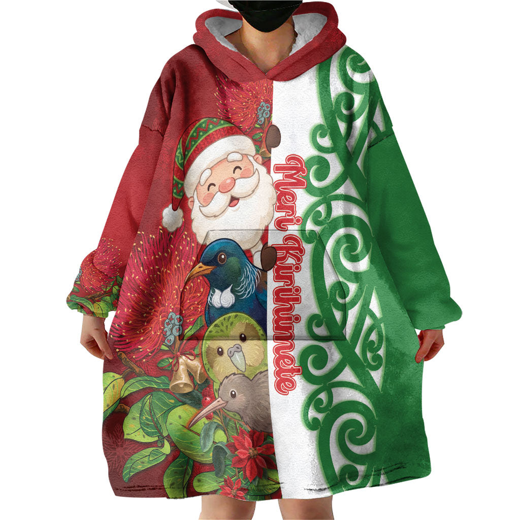 Meri Kirihimete New Zealand Personalised Wearable Blanket Hoodie Cute Santa NZ Animals and Pohutukawa LT14 - Polynesian Pride