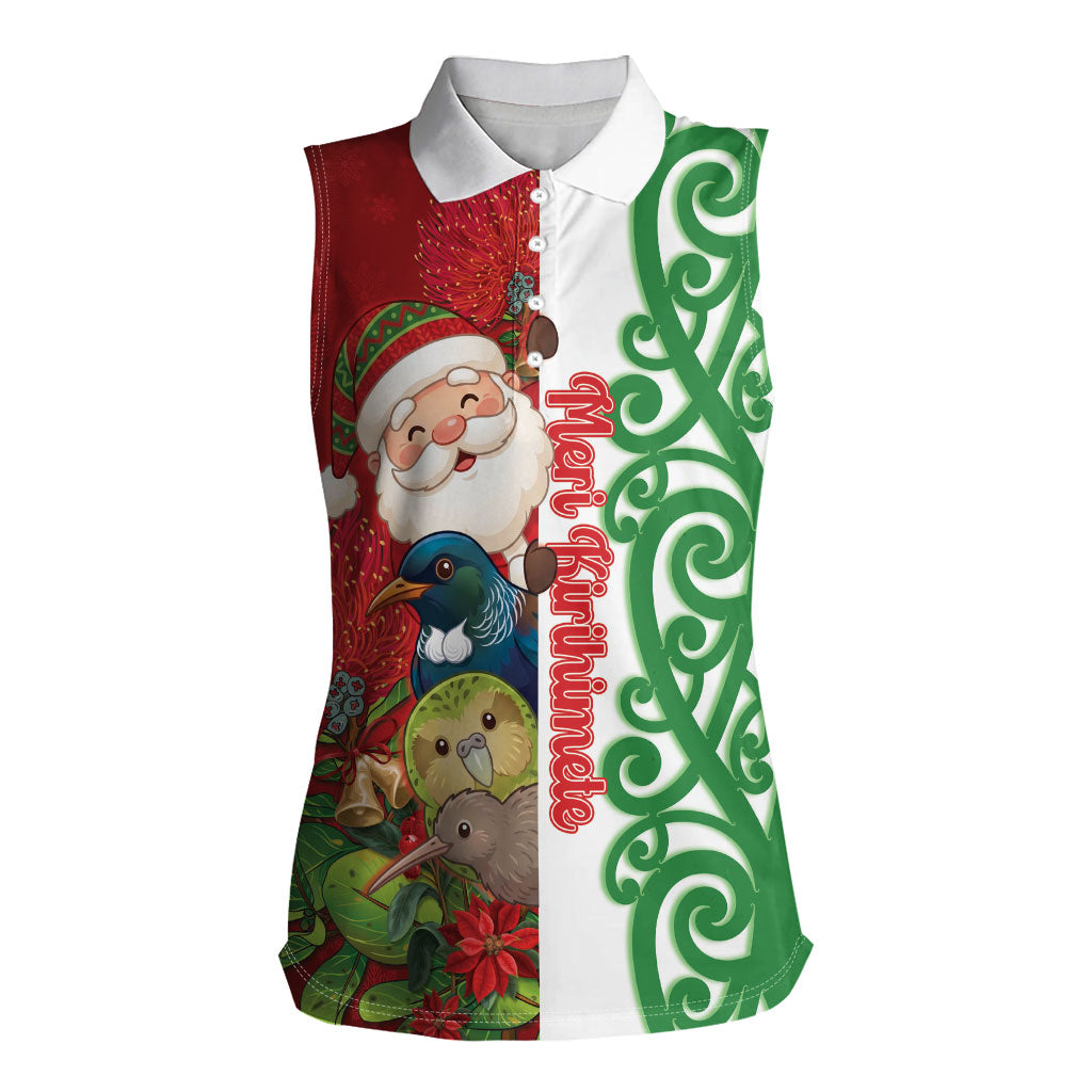 Meri Kirihimete New Zealand Personalised Women Sleeveless Polo Shirt Cute Santa NZ Animals and Pohutukawa LT14 Female Red - Polynesian Pride