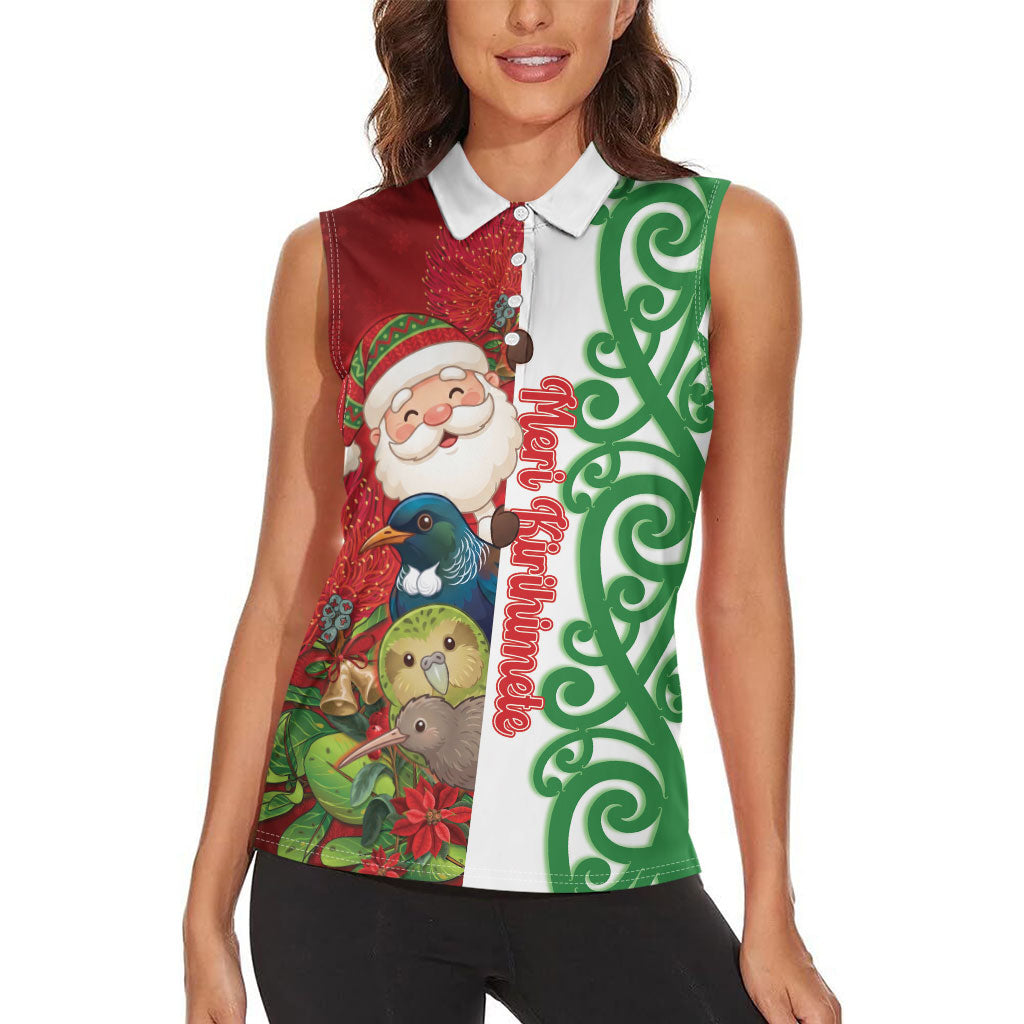 Meri Kirihimete New Zealand Personalised Women Sleeveless Polo Shirt Cute Santa NZ Animals and Pohutukawa LT14 - Polynesian Pride
