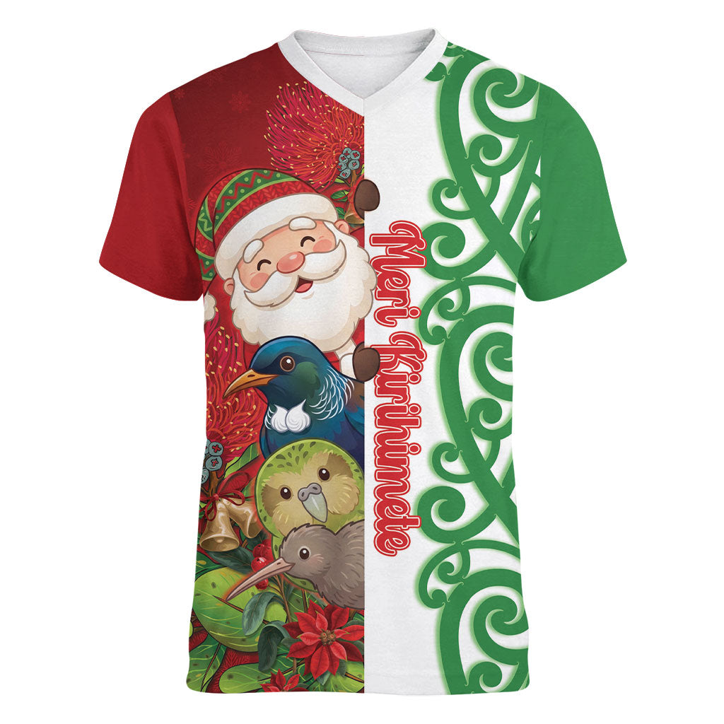 Meri Kirihimete New Zealand Personalised Women V-Neck T-Shirt Cute Santa NZ Animals and Pohutukawa LT14 Female Red - Polynesian Pride