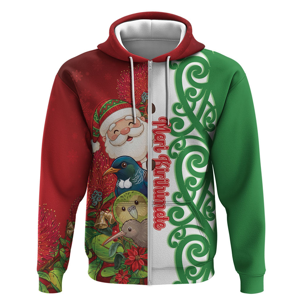 Meri Kirihimete New Zealand Personalised Zip Hoodie Cute Santa NZ Animals and Pohutukawa LT14 Zip Hoodie Red - Polynesian Pride