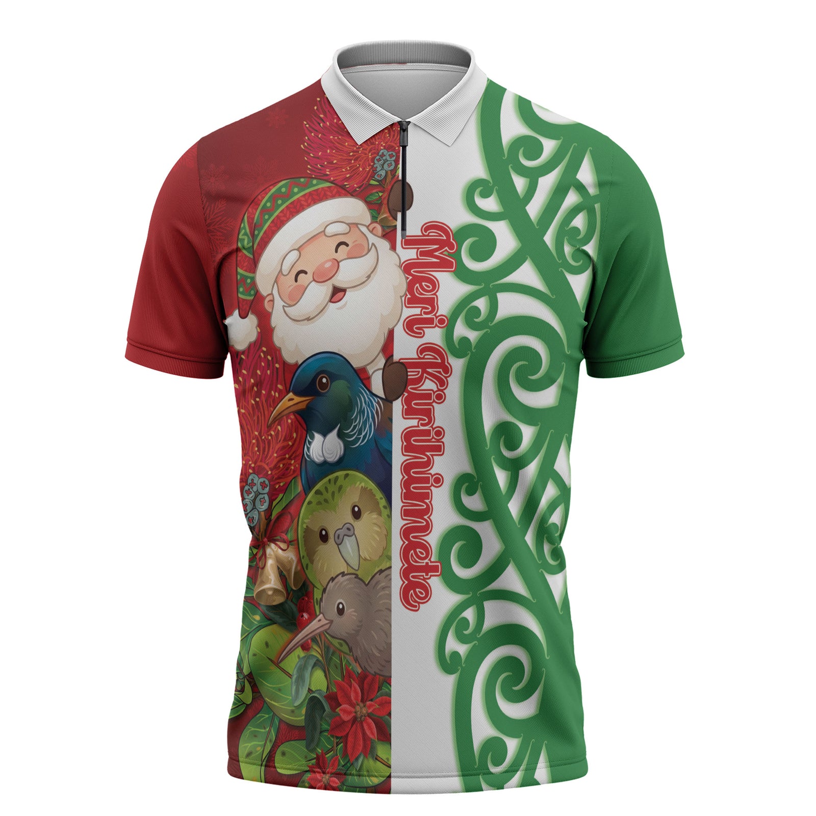 Meri Kirihimete New Zealand Personalised Zipper Polo Shirt Cute Santa NZ Animals and Pohutukawa LT14 Red - Polynesian Pride