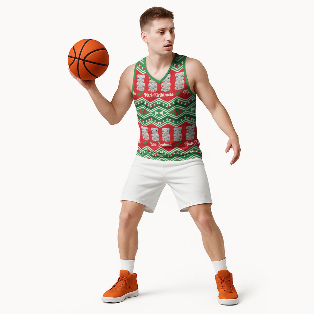 New Zealand Christmas In July Basketball Jersey Meri Kirihimete Hei Tiki Taniko Motifs Seamless LT14 - Polynesian Pride