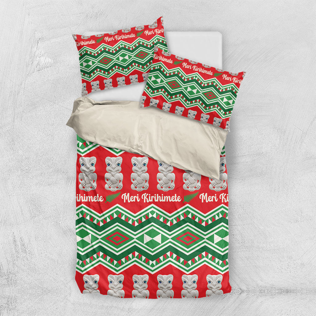 New Zealand Christmas In July Bedding Set Meri Kirihimete Hei Tiki Taniko Motifs Seamless LT14 US Twin 172cm x 218cm Red - Polynesian Pride