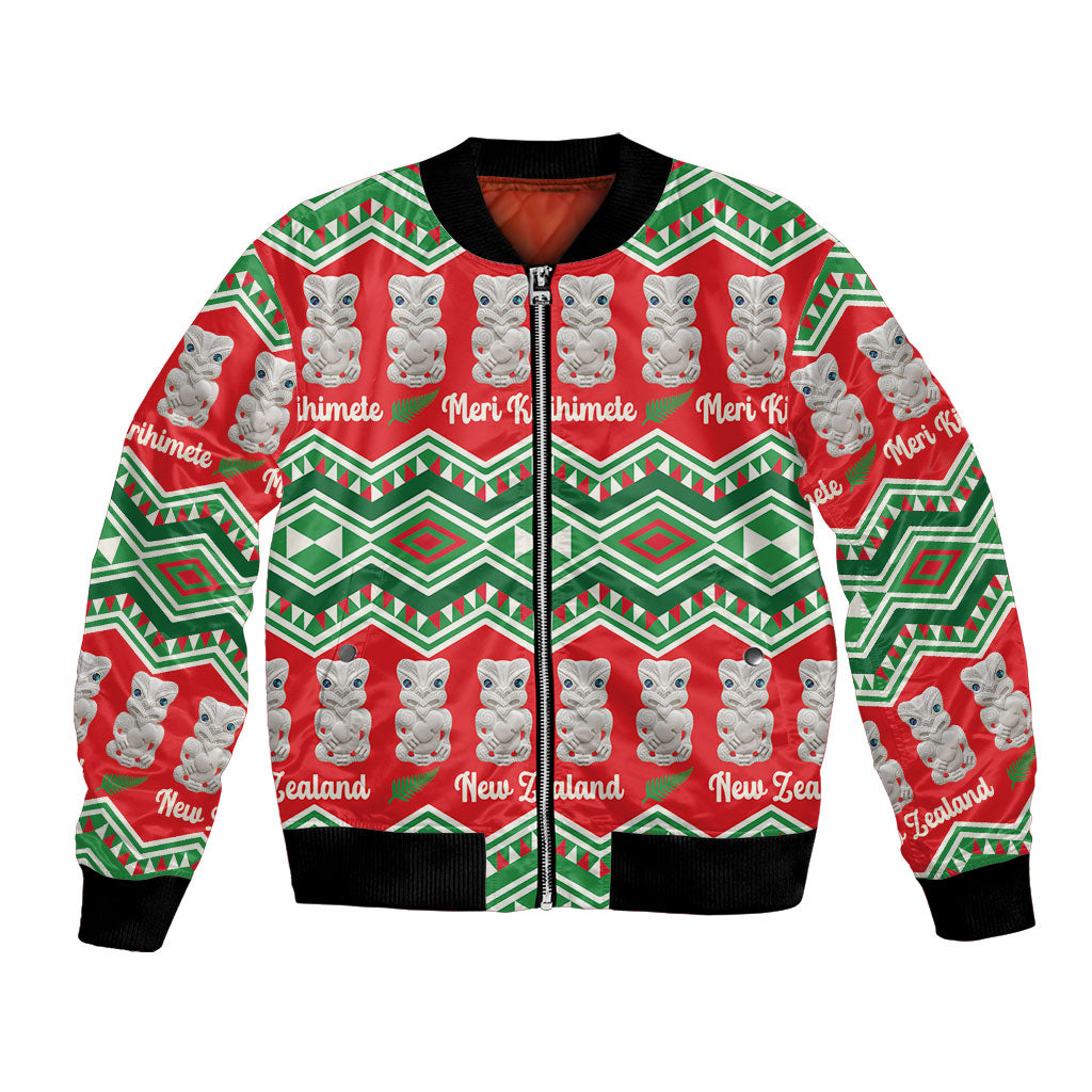 New Zealand Christmas In July Bomber Jacket Meri Kirihimete Hei Tiki Taniko Motifs Seamless LT14 Unisex Red - Polynesian Pride