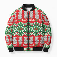 New Zealand Christmas In July Bomber Puffer Jacket Meri Kirihimete Hei Tiki Taniko Motifs Seamless LT14 Unisex Red - Polynesian Pride