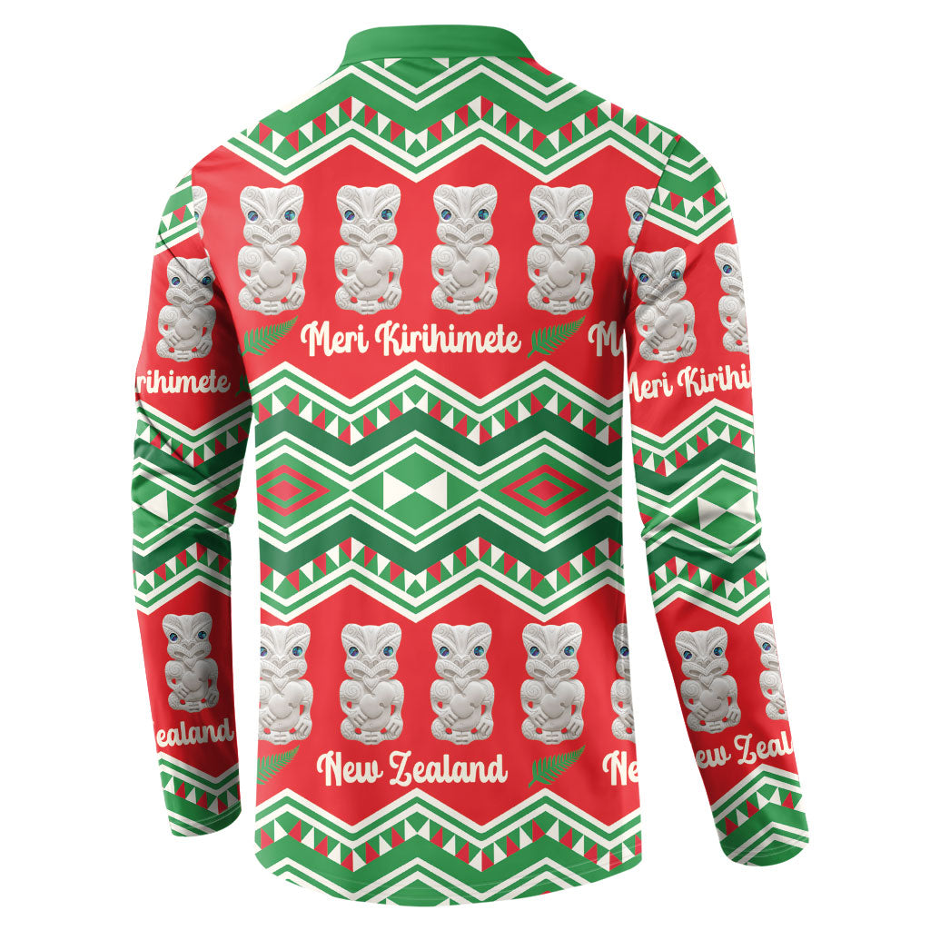 New Zealand Christmas In July Button Sweatshirt Meri Kirihimete Hei Tiki Taniko Motifs Seamless LT14 - Polynesian Pride