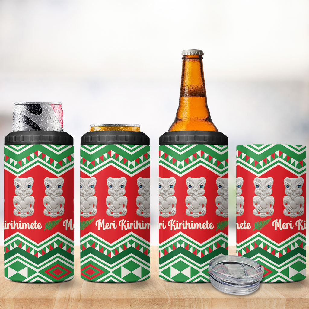 New Zealand Christmas In July 4 in 1 Can Cooler Tumbler Meri Kirihimete Hei Tiki Taniko Motifs Seamless LT14 - Polynesian Pride
