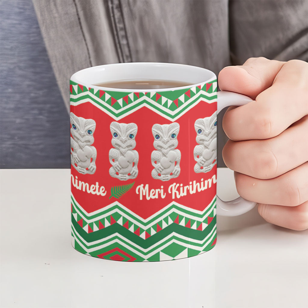 New Zealand Christmas In July Ceramic Mug Meri Kirihimete Hei Tiki Taniko Motifs Seamless LT14 - Polynesian Pride