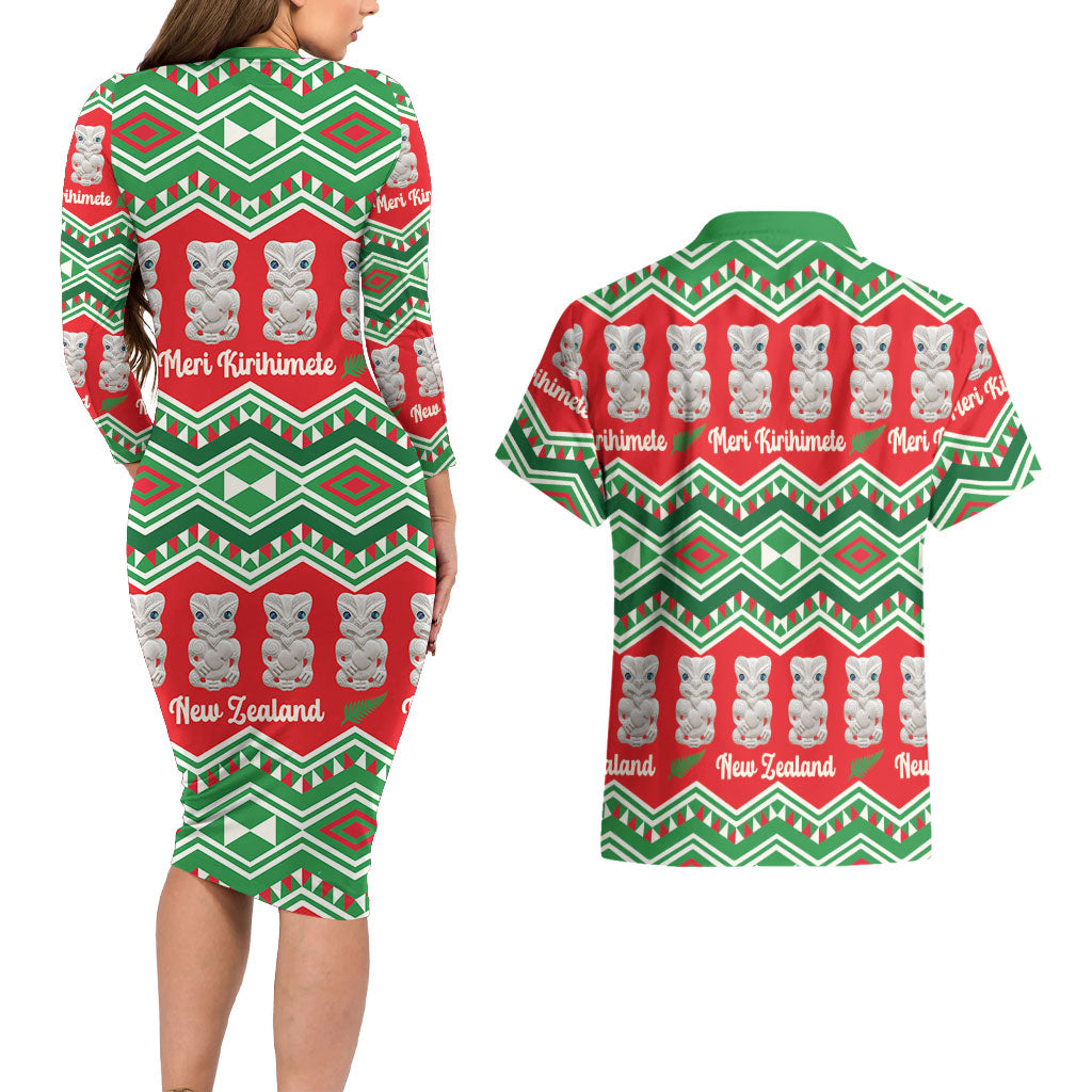 New Zealand Christmas In July Couples Matching Long Sleeve Bodycon Dress and Hawaiian Shirt Meri Kirihimete Hei Tiki Taniko Motifs Seamless LT14 - Polynesian Pride
