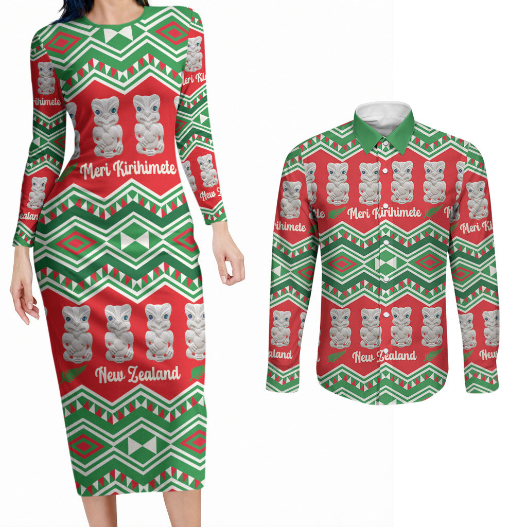 New Zealand Christmas In July Couples Matching Long Sleeve Bodycon Dress and Long Sleeve Button Shirt Meri Kirihimete Hei Tiki Taniko Motifs Seamless LT14 Red - Polynesian Pride