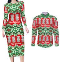 New Zealand Christmas In July Couples Matching Long Sleeve Bodycon Dress and Long Sleeve Button Shirt Meri Kirihimete Hei Tiki Taniko Motifs Seamless LT14 Red - Polynesian Pride
