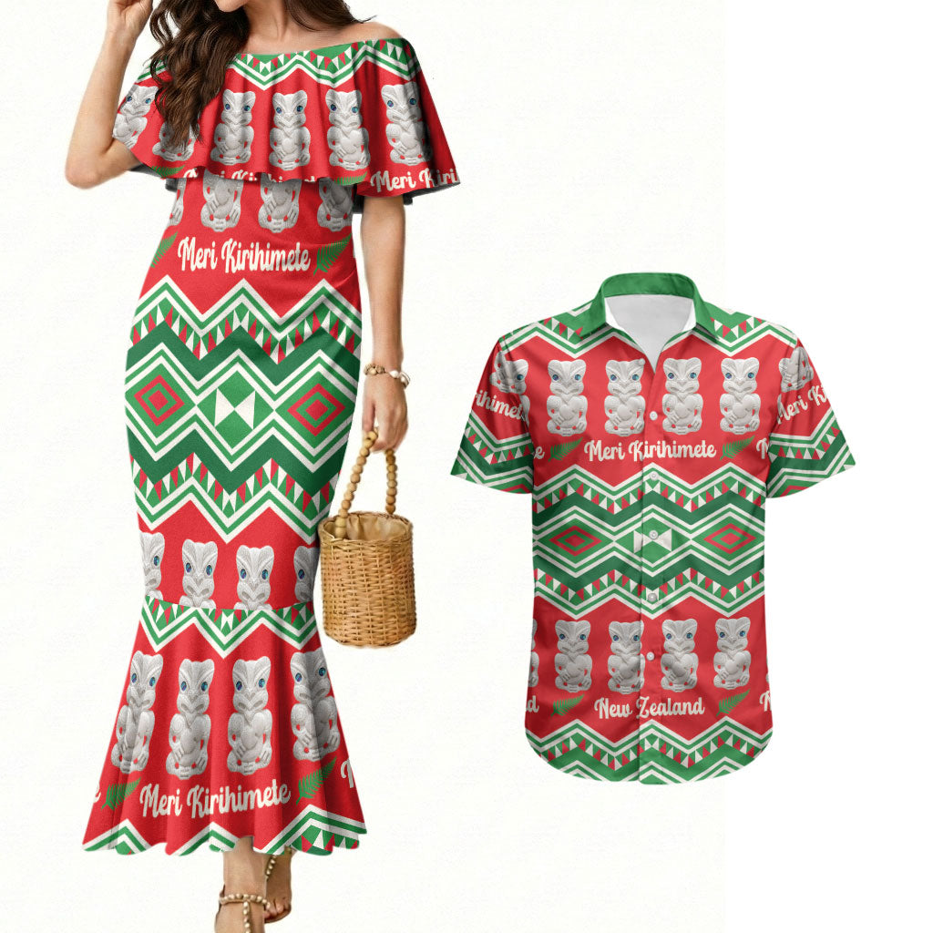 New Zealand Christmas In July Couples Matching Mermaid Dress and Hawaiian Shirt Meri Kirihimete Hei Tiki Taniko Motifs Seamless LT14 Red - Polynesian Pride