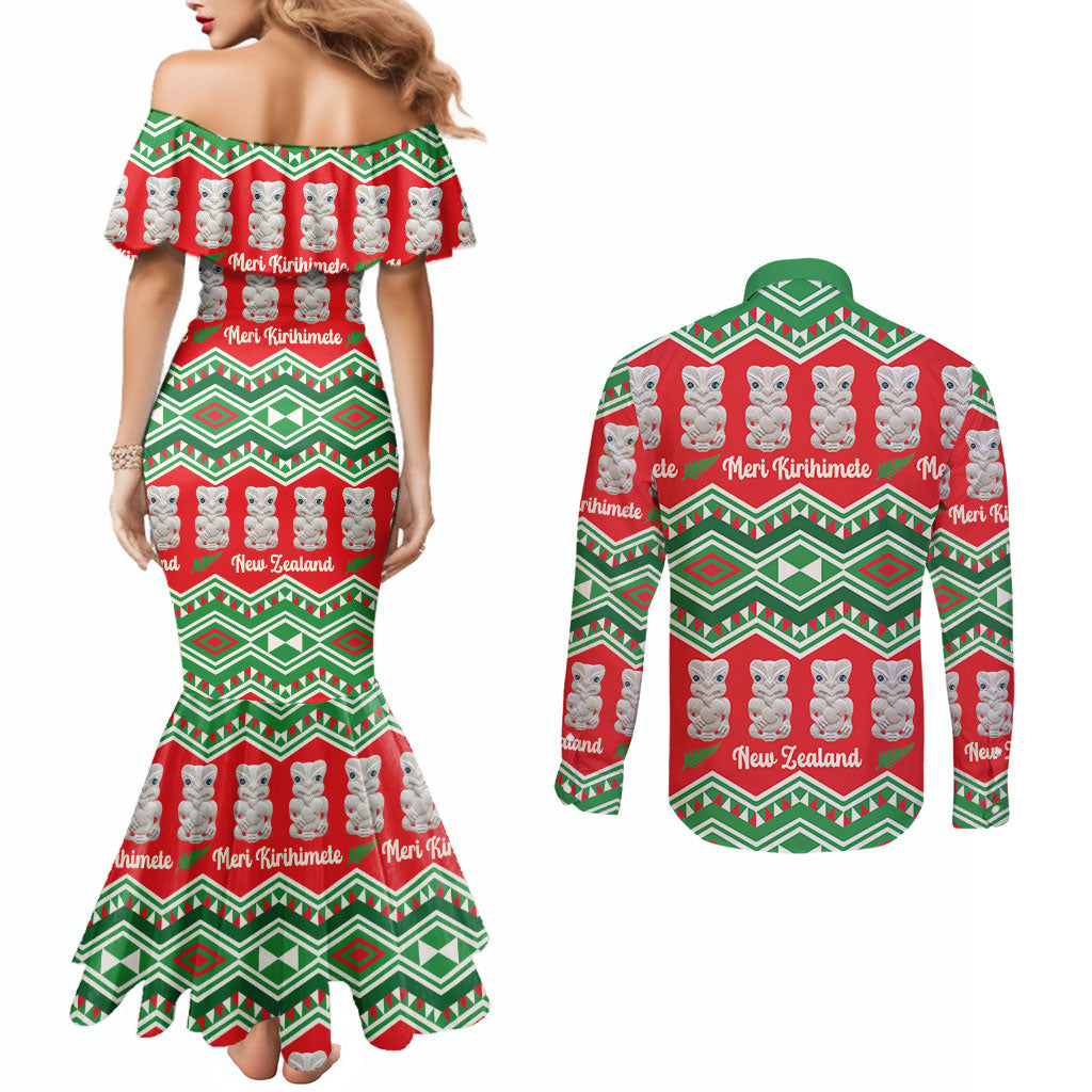 New Zealand Christmas In July Couples Matching Mermaid Dress and Long Sleeve Button Shirt Meri Kirihimete Hei Tiki Taniko Motifs Seamless LT14 - Polynesian Pride