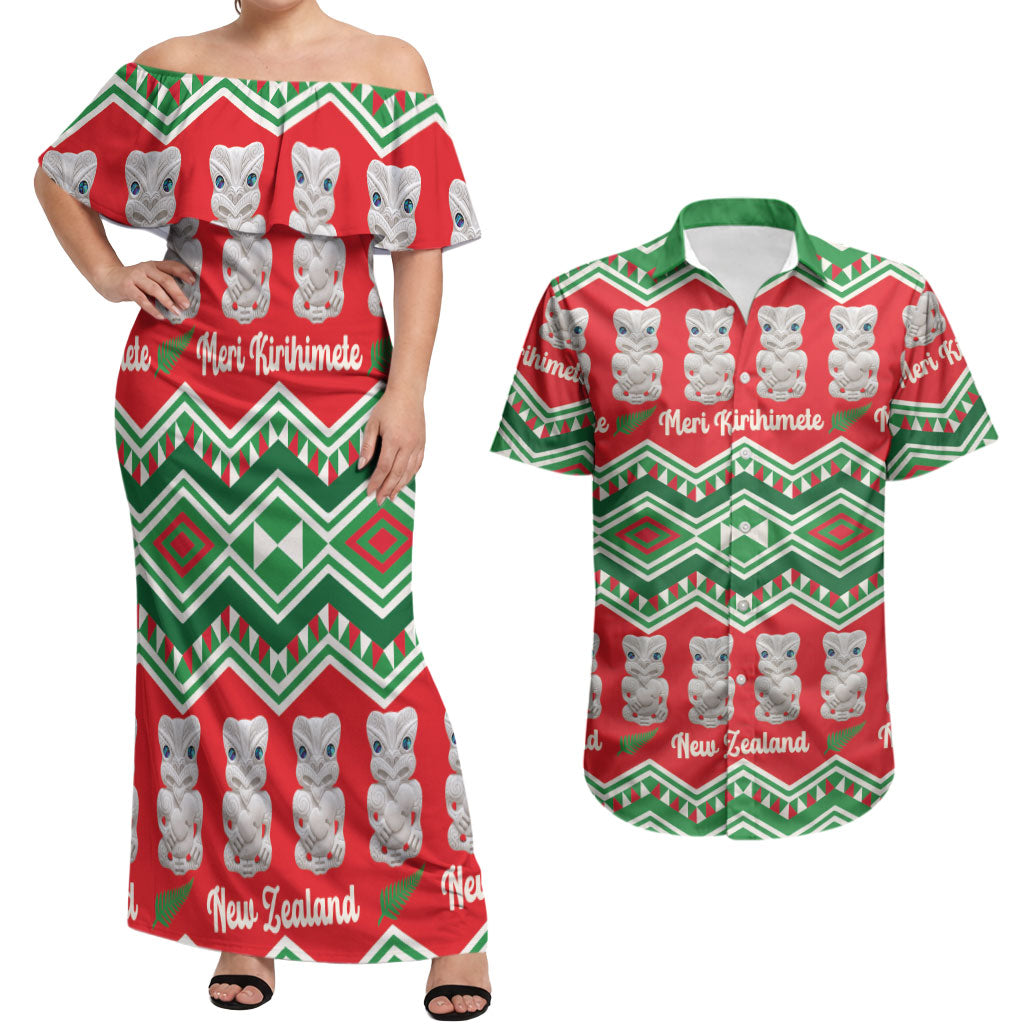 New Zealand Christmas In July Couples Matching Off Shoulder Maxi Dress and Hawaiian Shirt Meri Kirihimete Hei Tiki Taniko Motifs Seamless LT14 Red - Polynesian Pride
