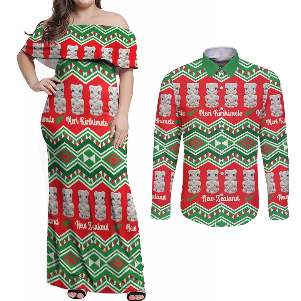 New Zealand Christmas In July Couples Matching Off Shoulder Maxi Dress and Long Sleeve Button Shirt Meri Kirihimete Hei Tiki Taniko Motifs Seamless LT14 Red - Polynesian Pride