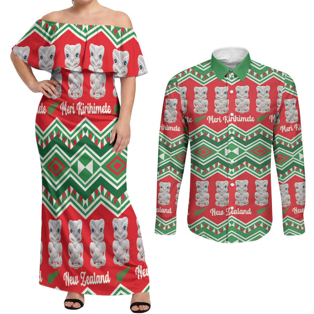 New Zealand Christmas In July Couples Matching Off Shoulder Maxi Dress and Long Sleeve Button Shirt Meri Kirihimete Hei Tiki Taniko Motifs Seamless LT14 Red - Polynesian Pride