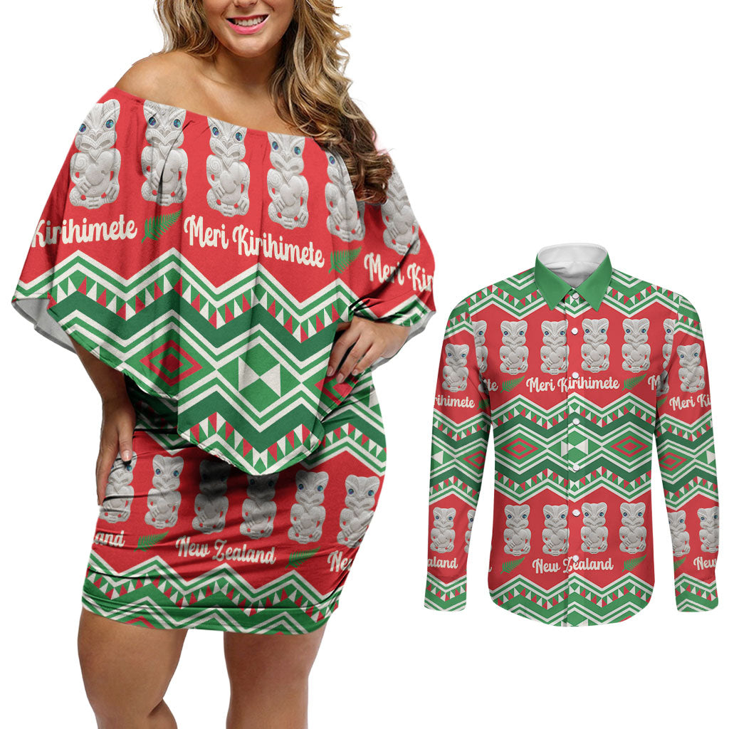 New Zealand Christmas In July Couples Matching Off Shoulder Short Dress and Long Sleeve Button Shirt Meri Kirihimete Hei Tiki Taniko Motifs Seamless LT14 Red - Polynesian Pride