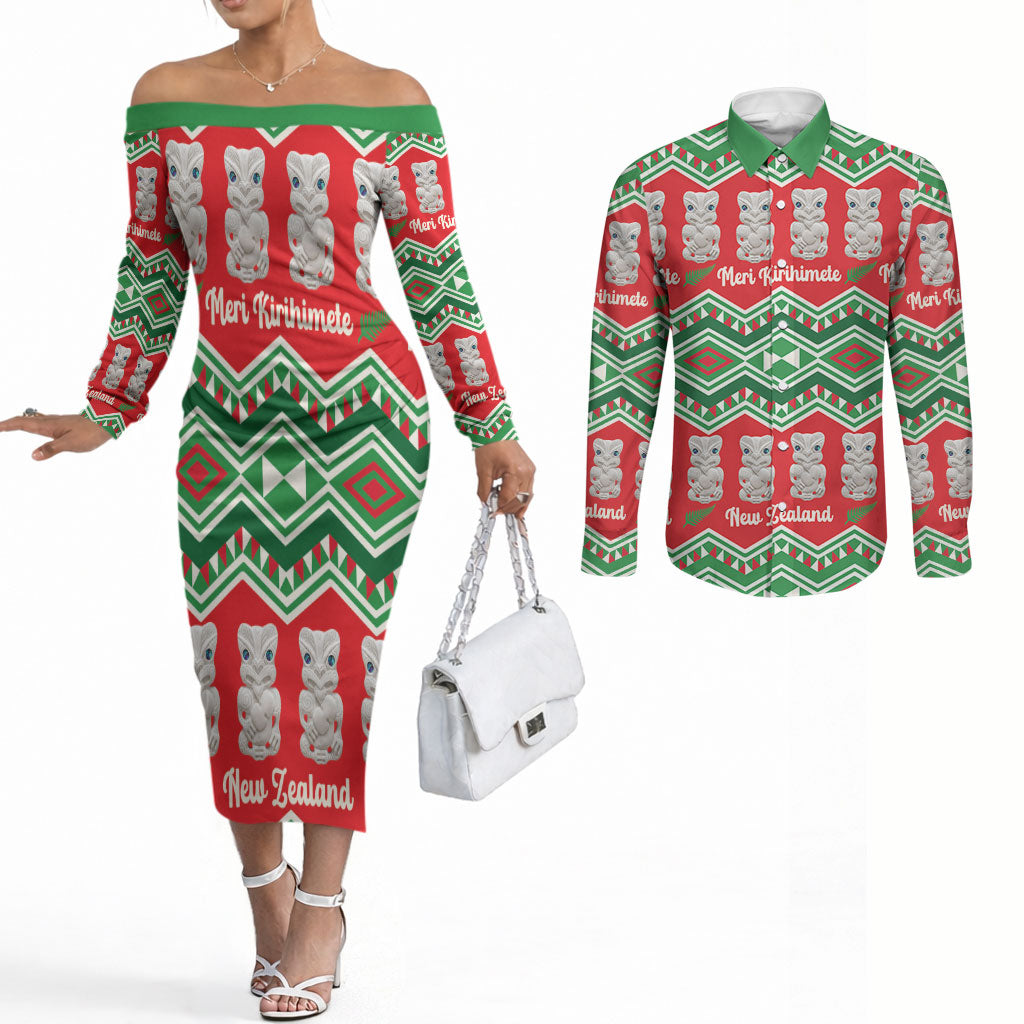 New Zealand Christmas In July Couples Matching Off The Shoulder Long Sleeve Dress and Long Sleeve Button Shirt Meri Kirihimete Hei Tiki Taniko Motifs Seamless LT14 Red - Polynesian Pride