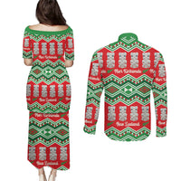 New Zealand Christmas In July Couples Matching Puletasi and Long Sleeve Button Shirt Meri Kirihimete Hei Tiki Taniko Motifs Seamless LT14 - Polynesian Pride